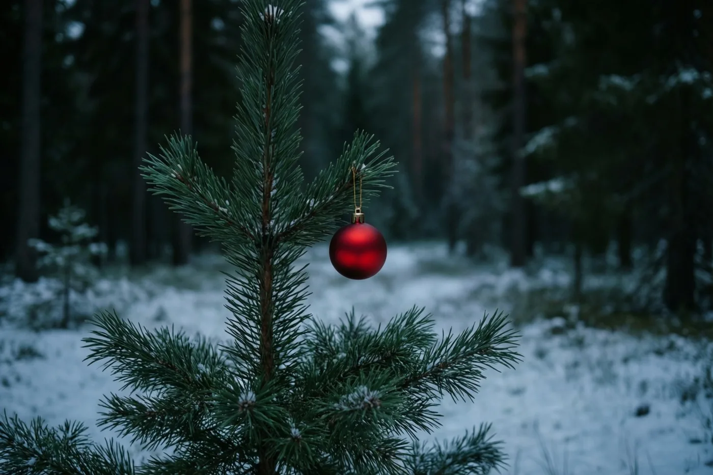 Een rode kerstbal hangt aan een kleine sparrentak op een besneeuwde open plek in het bos onder een diepblauwe schemerlucht.