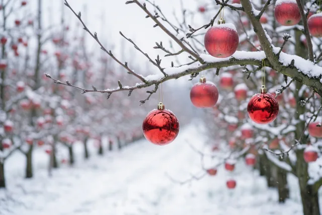 Kerstballen tussen de appeltakken