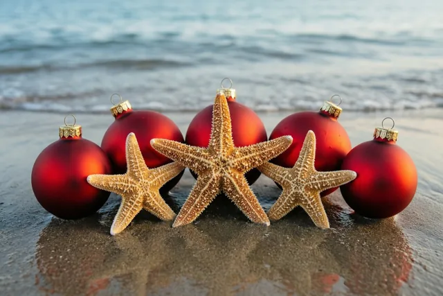 Kerstballen bij de branding