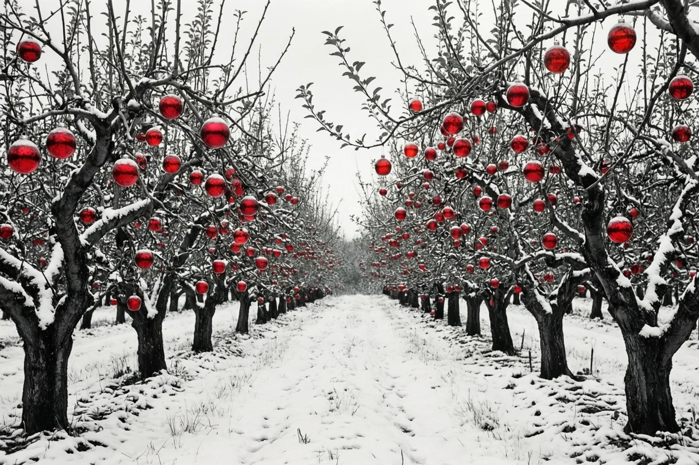Een zwart-witte boomgaard met rijen besneeuwde, kale appelbomen draagt felrode glazen kerstballen als enige kleuraccent.