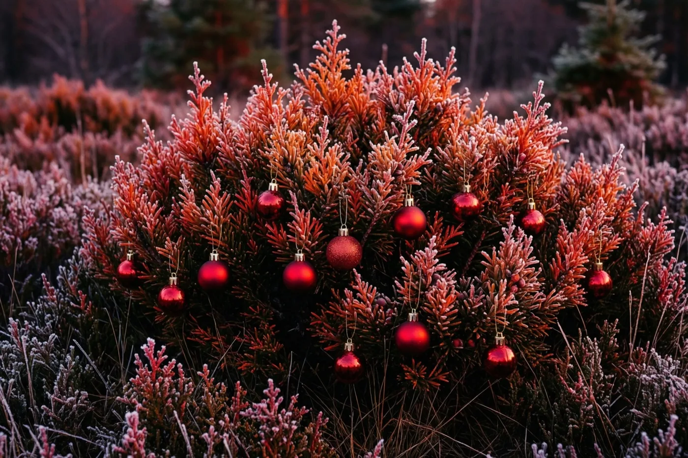Een jeneverbessenstruik met kleine rode kerstballen staat op een berijpte heide in zacht, warm licht.
