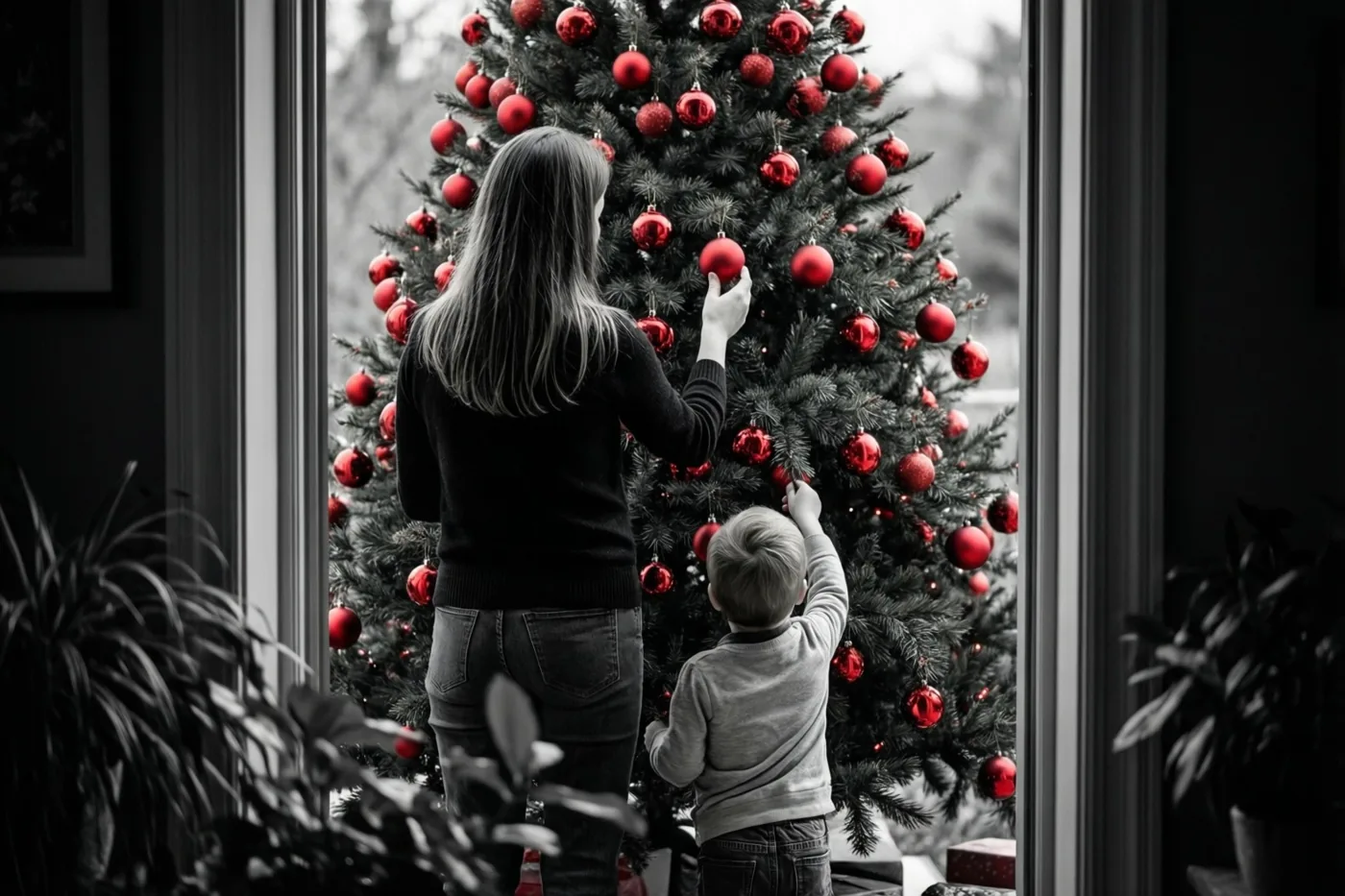 Een ouder en een klein kind hangen rode kerstballen in een kerstboom, van achteren gezien tegen een zwart-witte achtergrond.