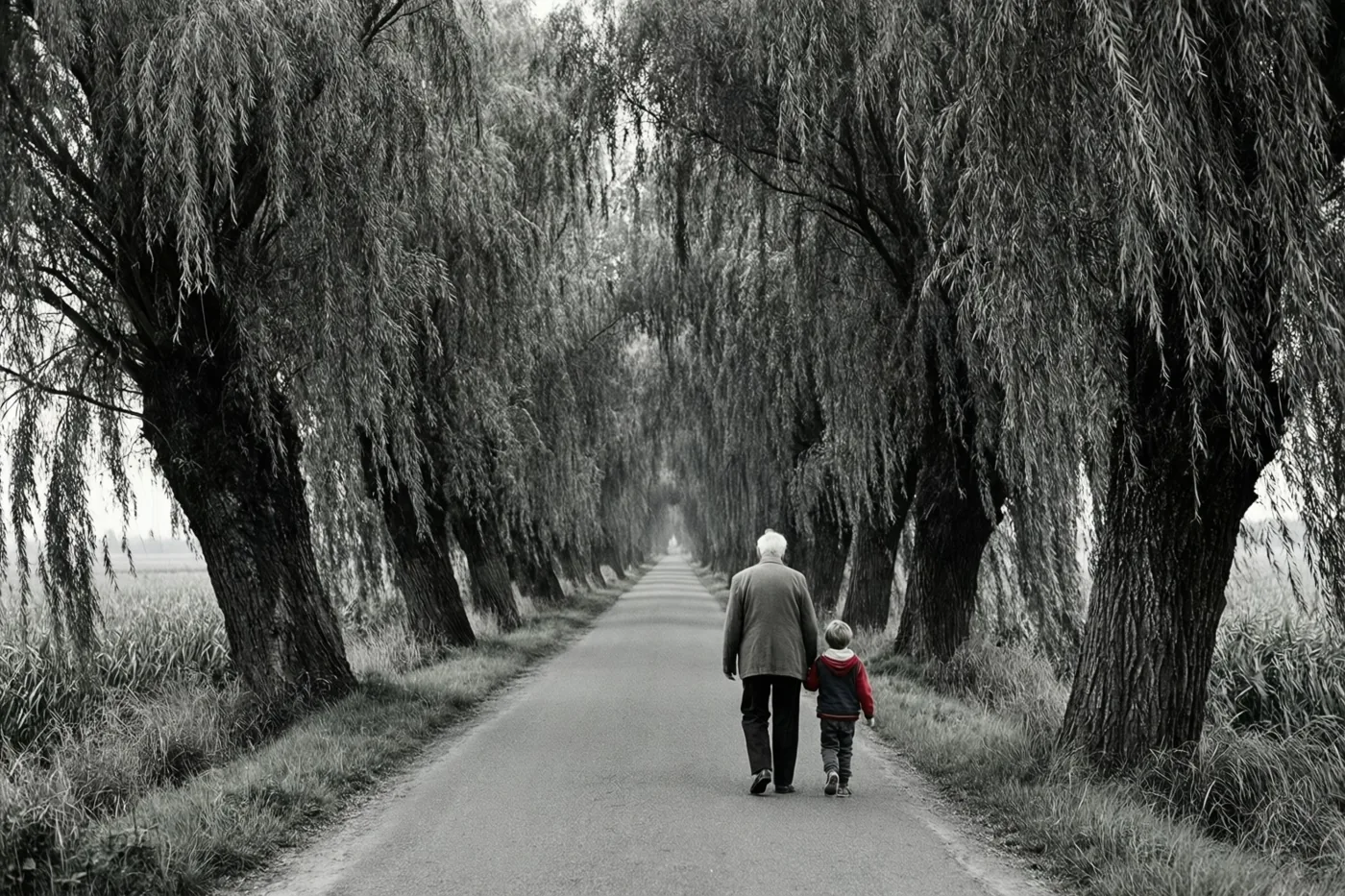 Een oudere persoon en een klein kind lopen van de kijker weg over een verharde weg met knotwilgen, op een zwart-witfoto met een rood accent op de jas van het kind.
