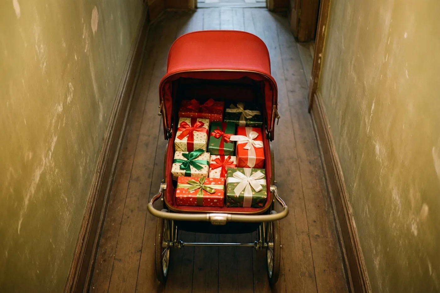 Een oude rode kinderwagen vol ingepakte kerstcadeaus staat midden in een smalle houten gang, in warm licht met rode, groene en bruine tinten.