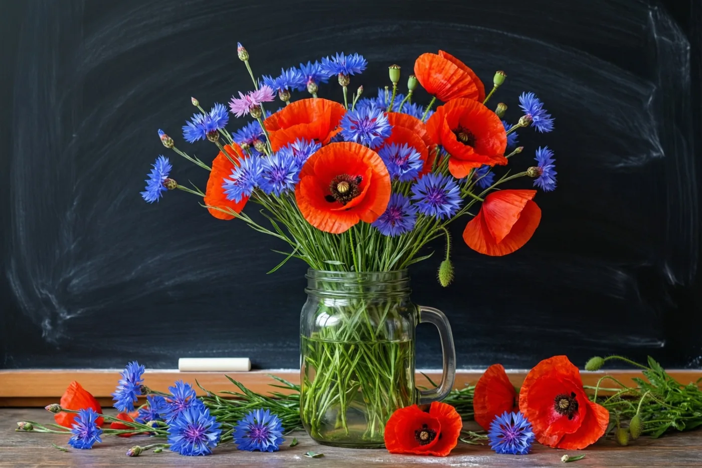 Een glazen pot met rode klaprozen en blauwe korenbloemen staat op een houten richel voor een zwart schoolbord, met enkele losse bloemen en een krijtje ernaast.