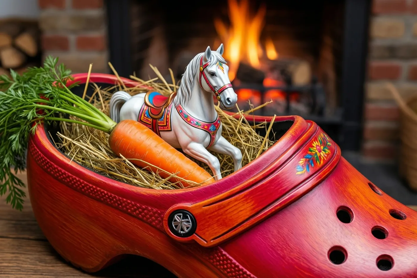 Een rode houten klomp met hooi, een grote wortel met loof en een wit paardenbeeldje staat bij een brandende haard.