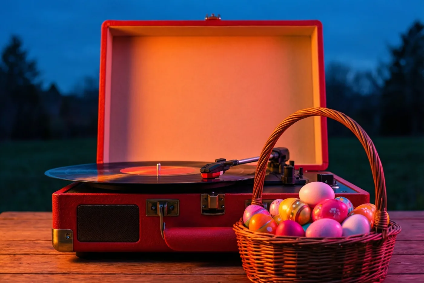 Een rode kofferplatenspeler staat open op een houten tafel buiten, naast een rieten mand beschilderde paaseieren, in warm oranje licht onder een donkerblauwe avondlucht.