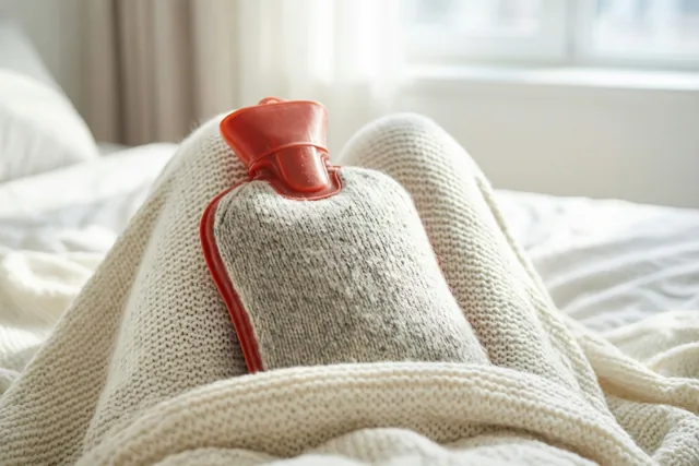 Een rode warmwaterkruik in een grijze gebreide hoes ligt op knieën onder een crèmekleurige gebreide deken, in een slaapkamer met daglicht van een raam.