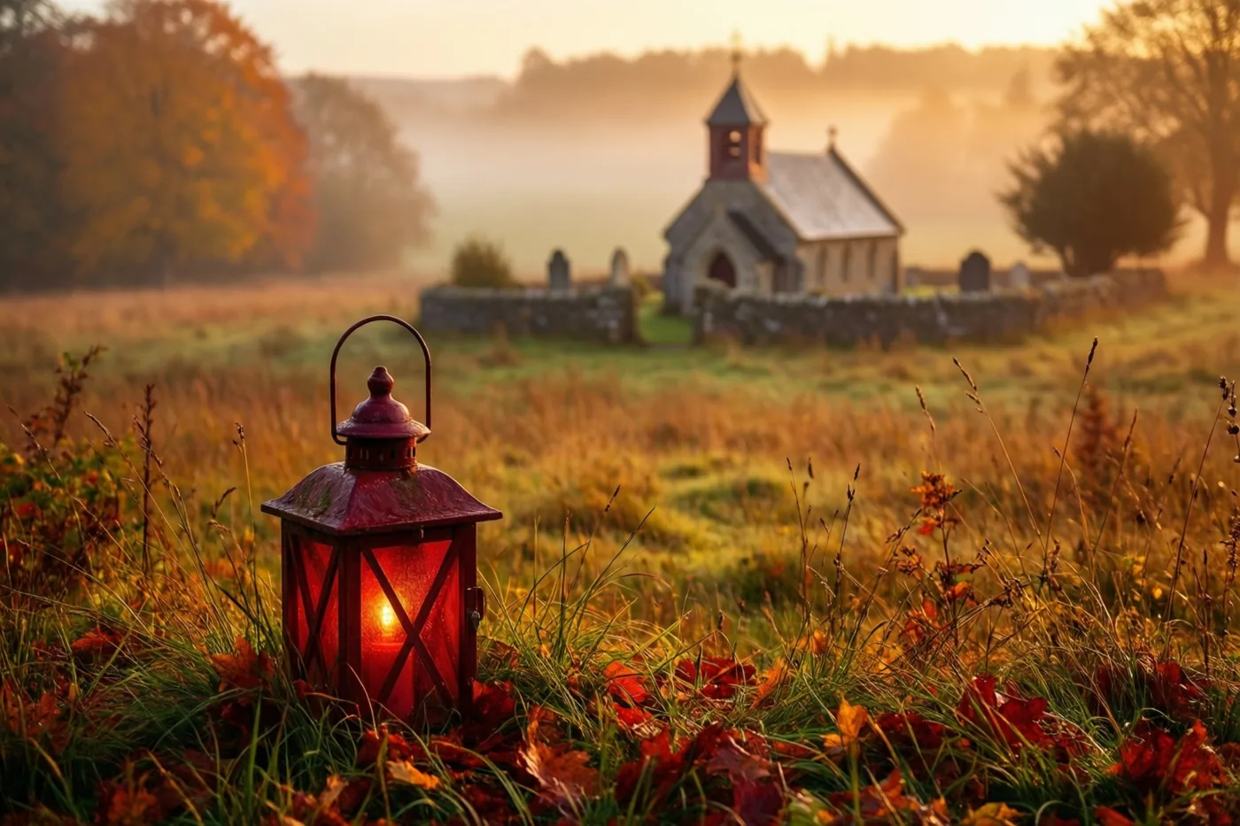 Een brandende rode lantaarn staat tussen gevallen bladeren in een mistige herfstweide, met een kerk en een klein kerkhof in de verte onder een heiige hemel in warme tinten.