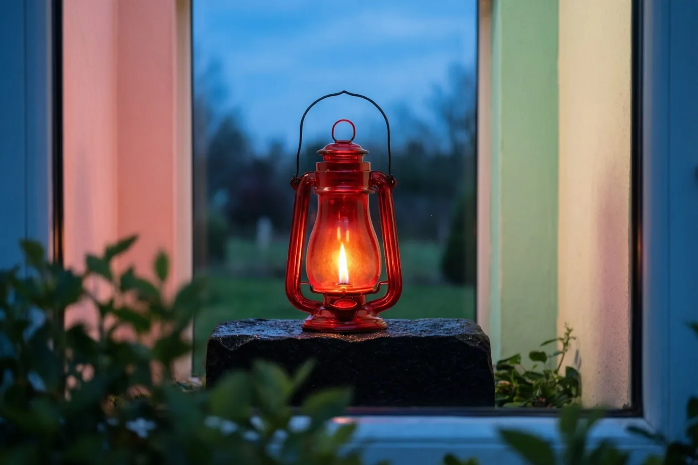 Een rode glazen lantaarn met een flakkerende vlam staat op een zwart stenen blok voor een raam, met blauwe en roze tinten in de schemering.