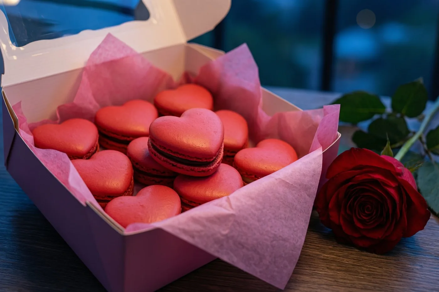 Een open witte doos met rode hartvormige macarons op roze vloeipapier staat naast een rode roos op een houten ondergrond, tegen een koelblauwe achtergrond.