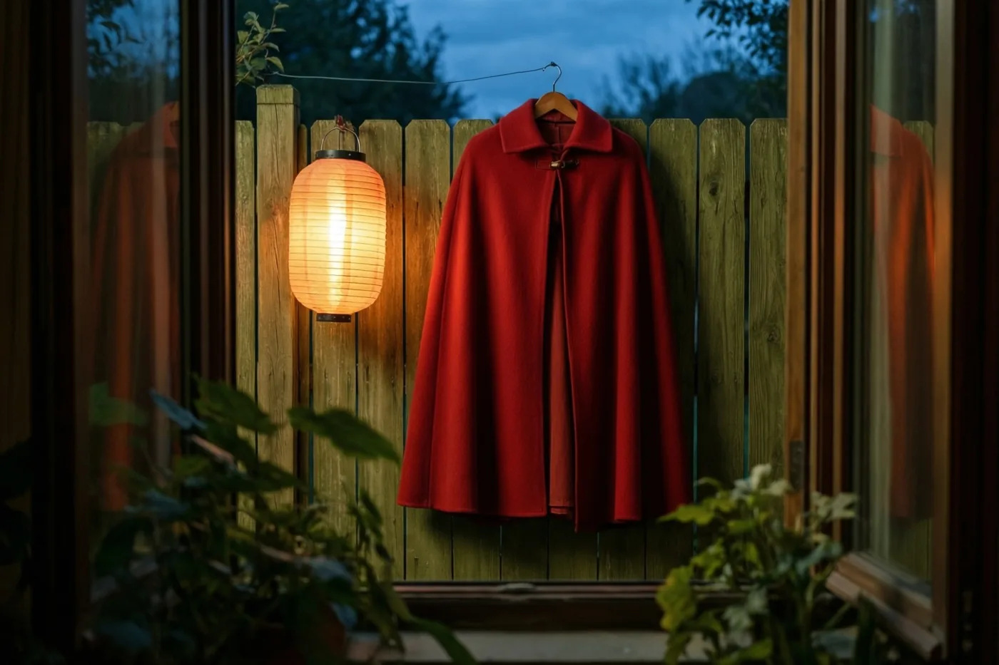 Door een raamkader zie je een rode wollen mantel aan een houten omheining naast een lichtgevende papieren lantaarn, met groen op de voorgrond en een donkerblauwe schemerhemel.
