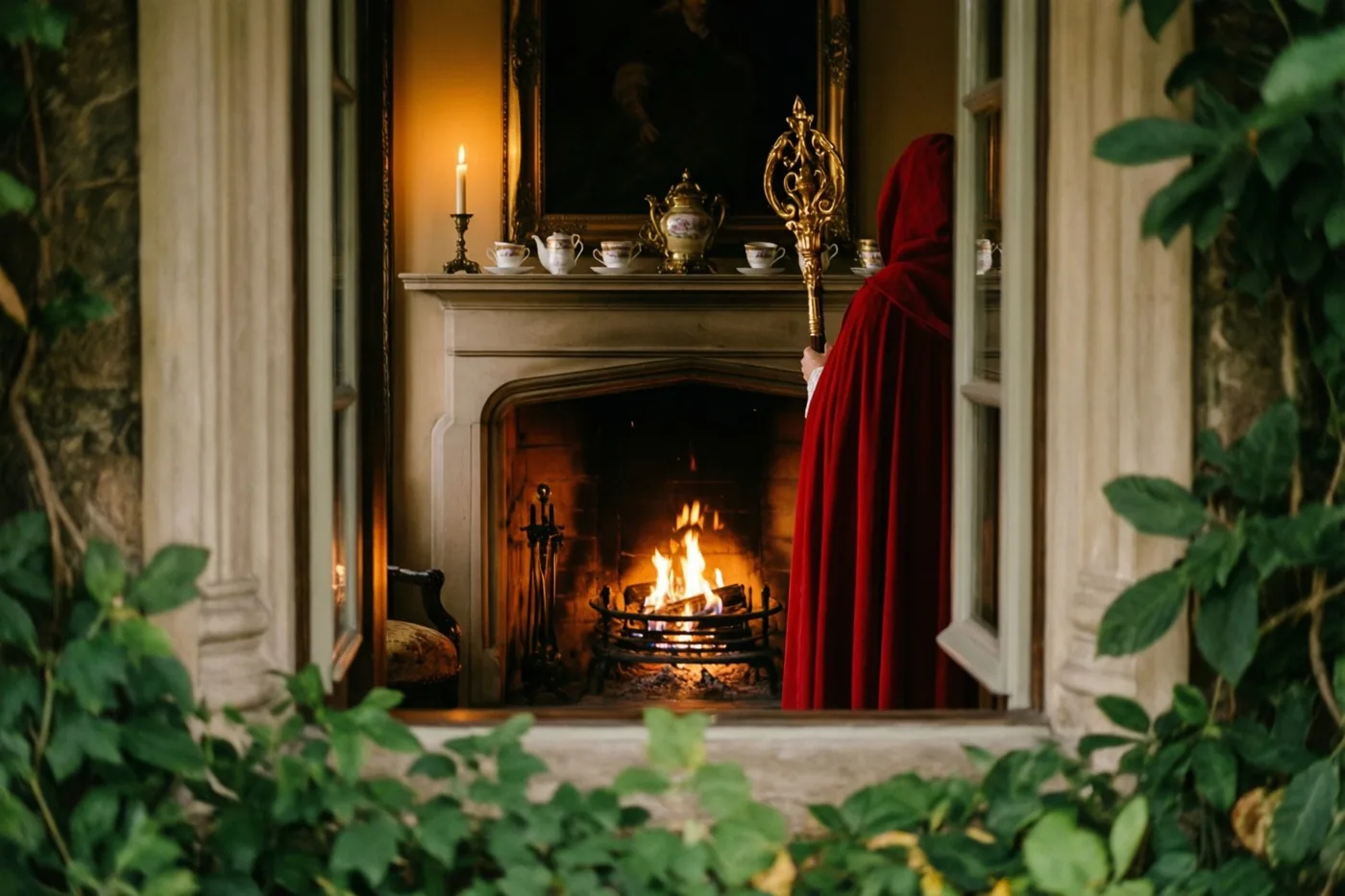 Een persoon in een rode mantel met kap houdt een gouden staf vast voor een brandende haard, met porseleinen kopjes en een brandende kaars op de schouw en groen rondom.