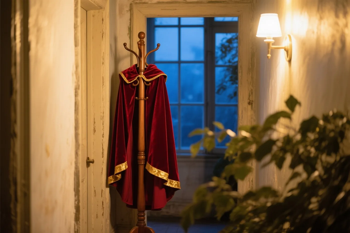 Een roodfluwelen mantel met gouden rand hangt aan een houten staande kapstok in een oude gang, verlicht door een wandlamp met een blauwe avondlucht achter het raam.