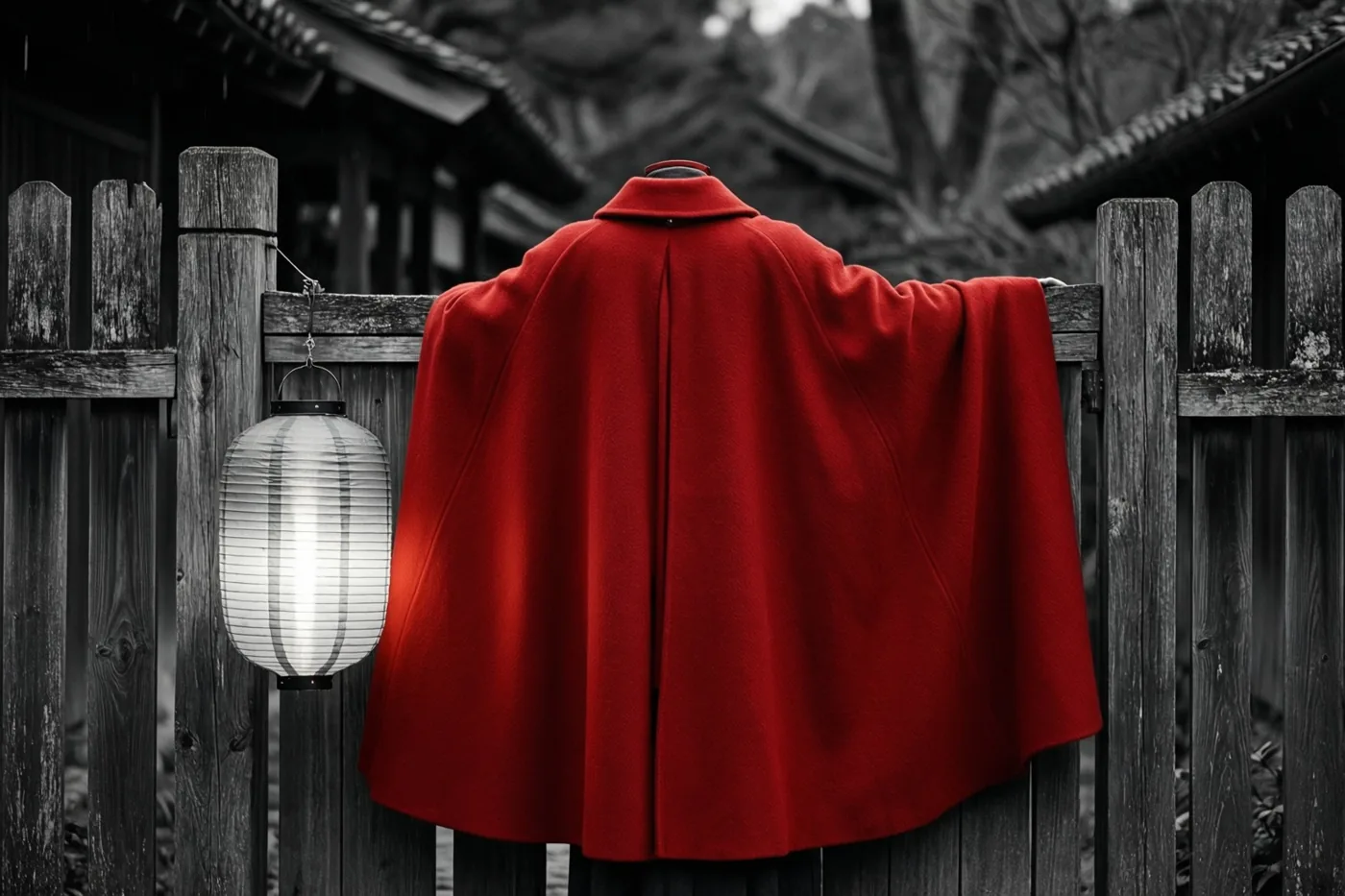 Een felrode wollen mantel ligt over een verweerde houten omheining naast een lichtgevende papieren lantaarn, in een traditionele Japanse binnenplaats met een monochrome achtergrond.