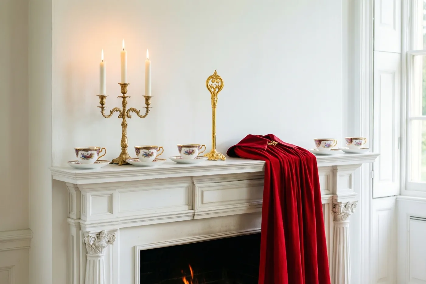 Op een witte schouw staan brandende kaarsen in een gouden kandelaar, een gouden staf en porseleinen kopjes op schoteltjes, met een rode fluwelen mantel eroverheen gedrapeerd.