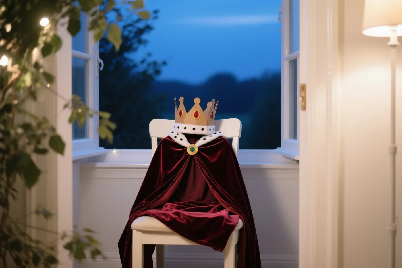 Een witte stoel bij een raam draagt een donkerrode fluwelen mantel en een kartonnen kroon, in warm binnenlicht tegenover de blauwe schemering buiten.