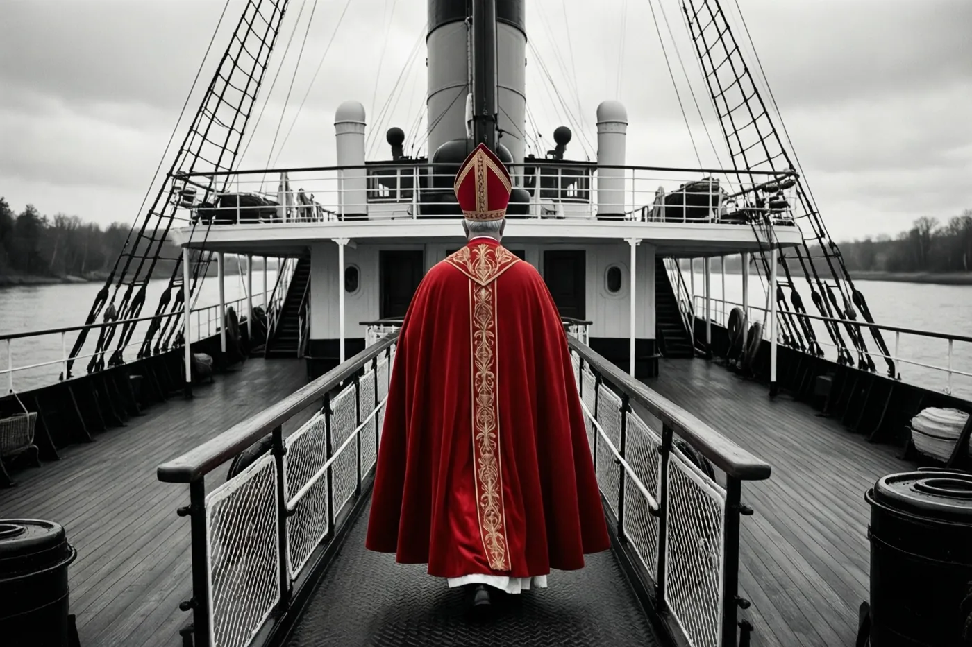 Een figuur in een rode bisschopsmantel en mijter loopt met de rug naar de kijker de loopplank van een stoomboot af, tegen een zwart-witte achtergrond op een bewolkte dag.