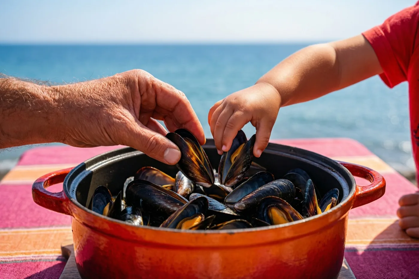 Een volwassen hand en een kinderhand reiken naar een rode pot mosselen op een gestreept tafelkleed, met een blauwe zee op de achtergrond.