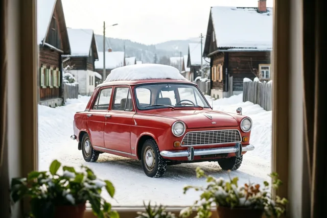 Winterzicht met een rode klassieker