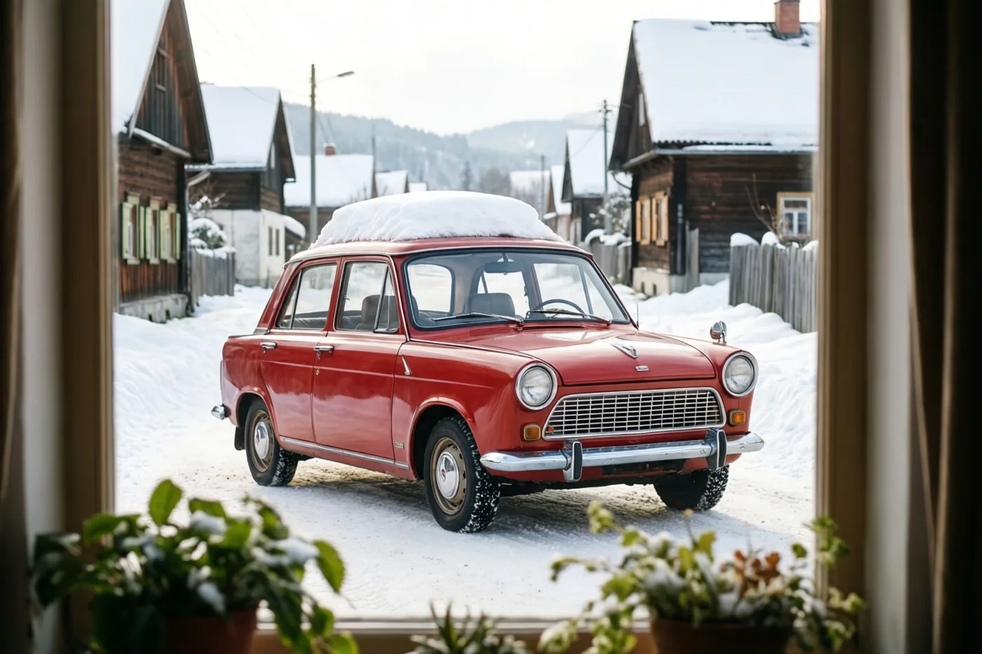 Door een raam met potplanten op de voorgrond zie je een rode auto uit de jaren zestig met verchroomde bumpers en sneeuw op het dak in een besneeuwde dorpsstraat.