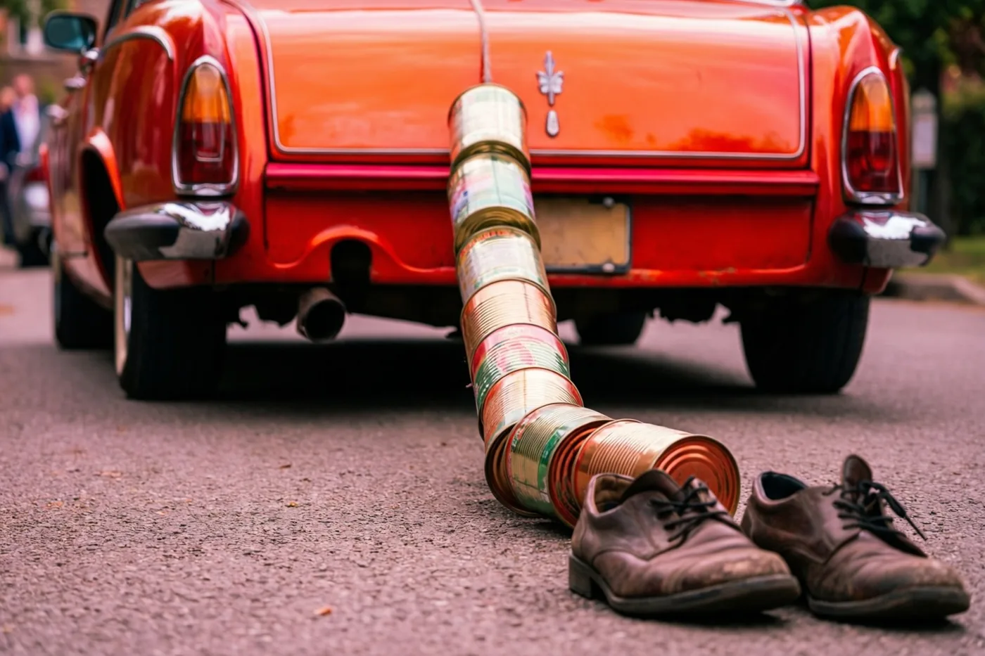 Aan de uitlaat van een rode oldtimer hangt een lange sliert blikken die tot bij een paar bruine schoenen op het asfalt reikt, in warme, wat vervaagde kleuren.