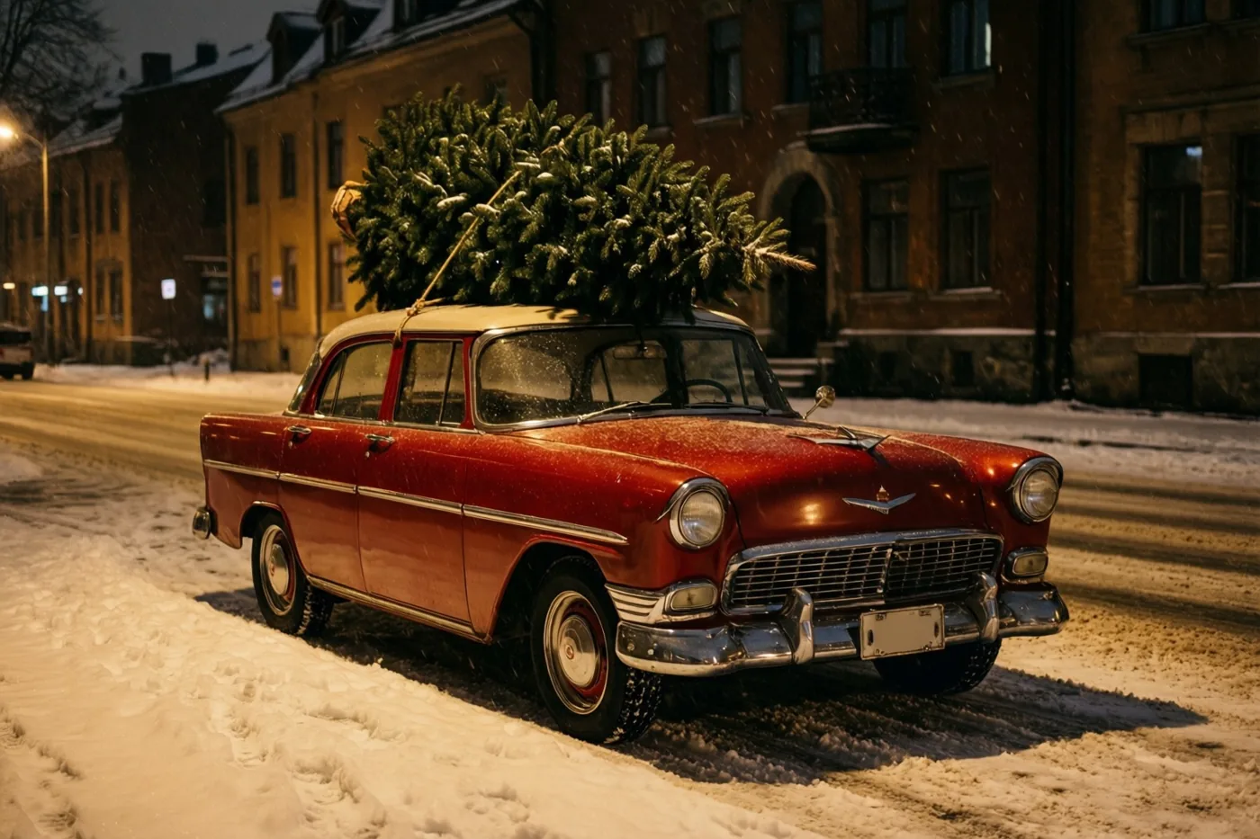 Een rode oldtimer met een kerstboom op het dak staat 's nachts in een besneeuwde straat onder warme straatverlichting, met vallende sneeuw en gebouwen op de achtergrond.