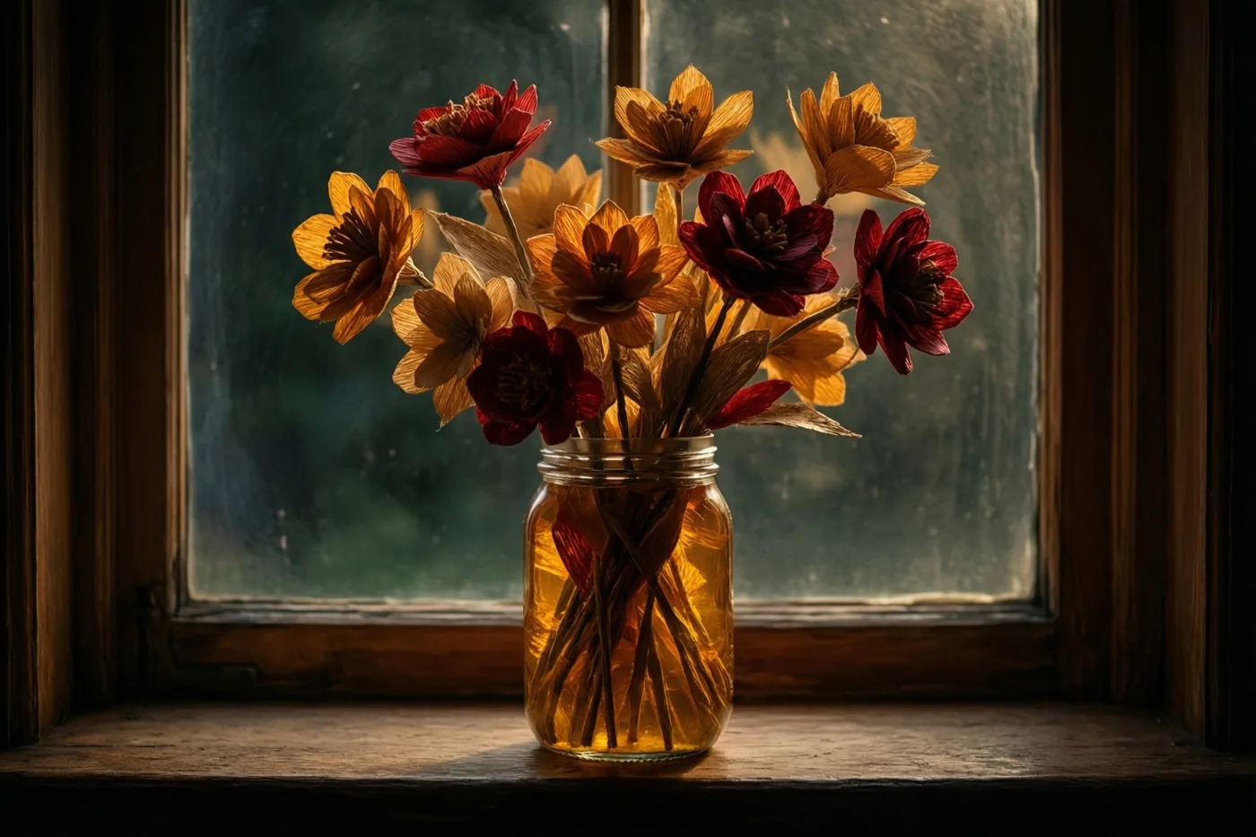 Een glazen pot met handgemaakte rode en oranje papieren bloemen staat op een houten vensterbank in warm, goudkleurig raamlicht.