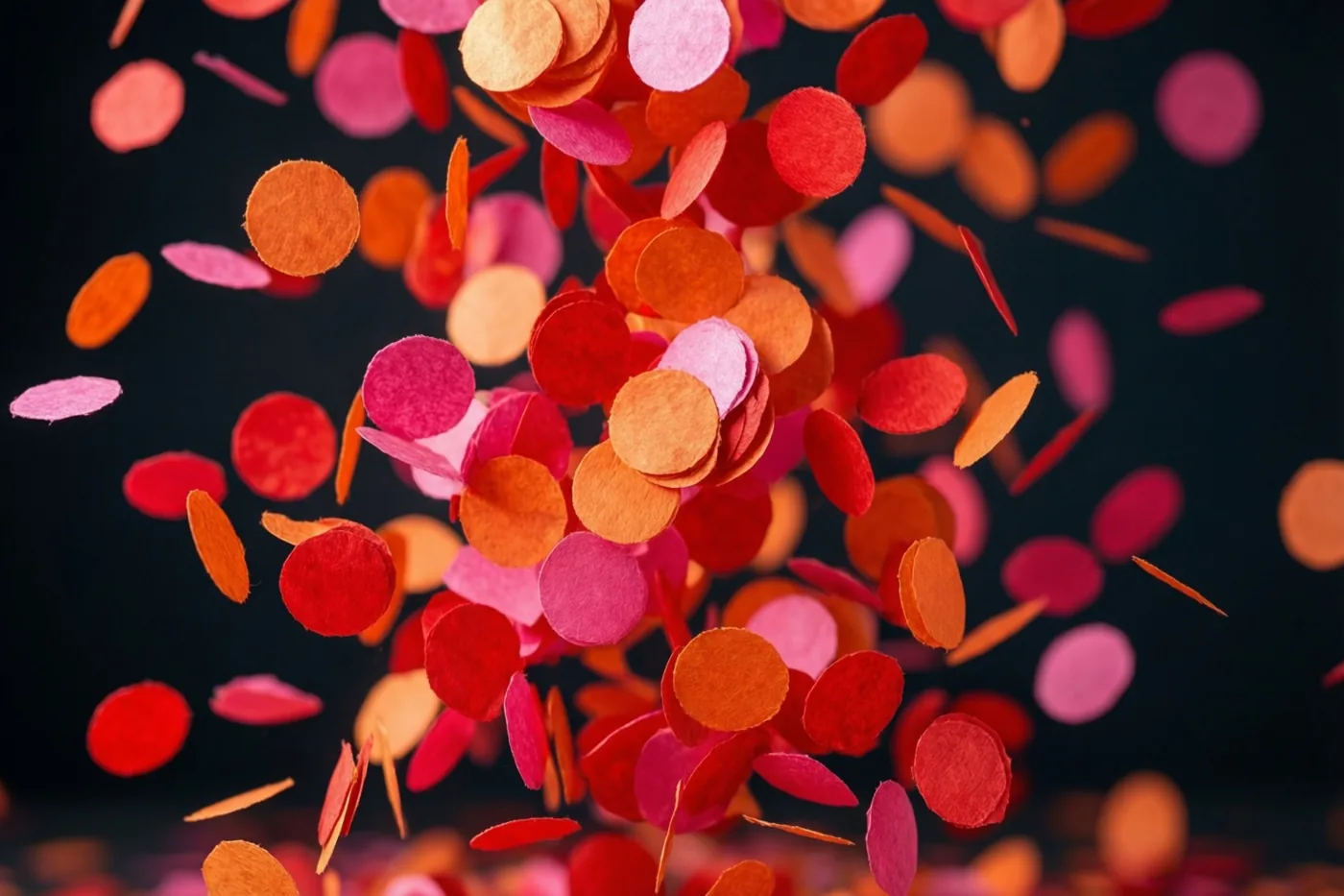 Papieren confetti in rode, oranje en roze tinten valt tegen een donkere achtergrond.