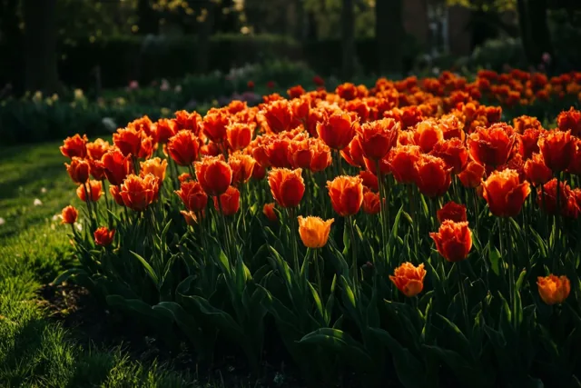 Een tulpenrij vol lentevuur