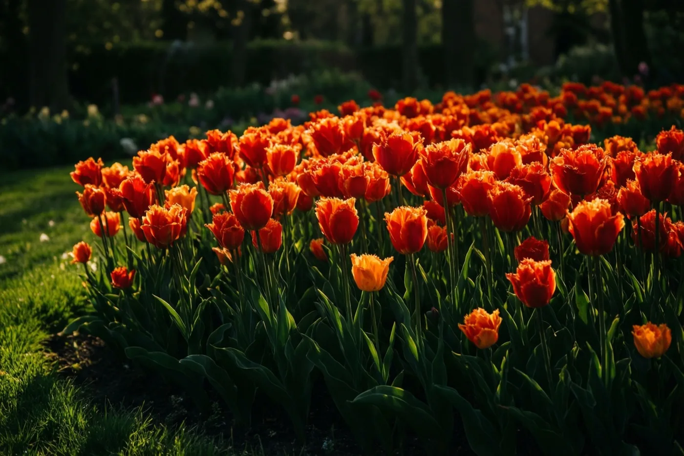 Een dichte rij rode en oranje papegaaitulpen bloeit in een groene tuinborder met bomen op de achtergrond en tegenlicht van de lage lentezon.
