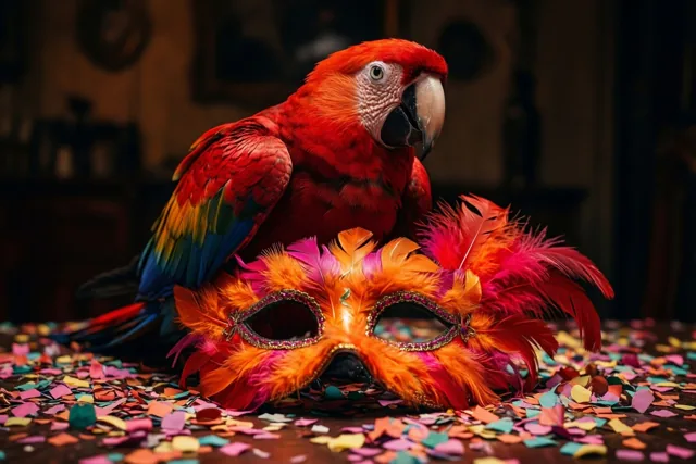 Een papegaai tussen de feestveren