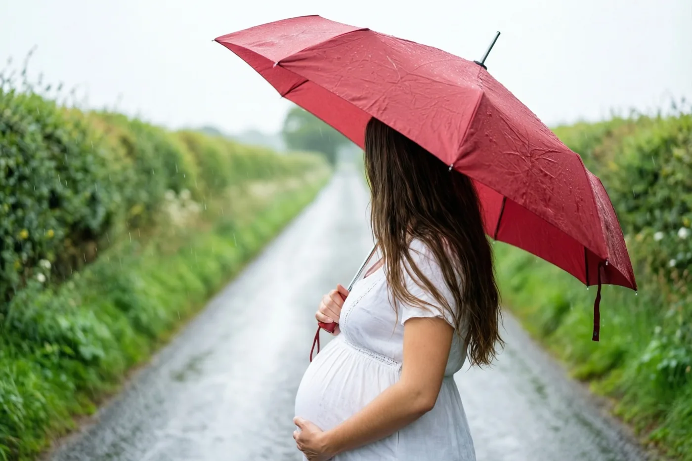 Een zwangere vrouw in een witte jurk staat van achteren gezien op een natte grindweg tussen groene hagen, met een rode paraplu en een hand op haar buik onder een grijze regenlucht.