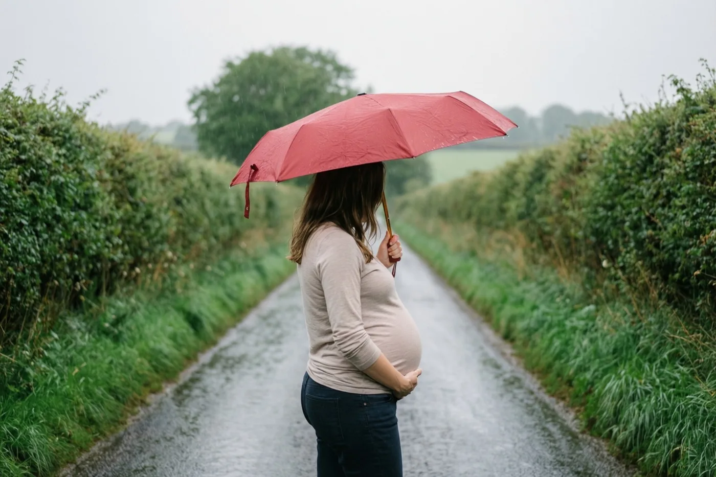 Een zwangere vrouw staat van achteren gezien met een rode paraplu en een hand op haar buik op een natte landweg tussen groene hagen onder een bewolkte hemel.