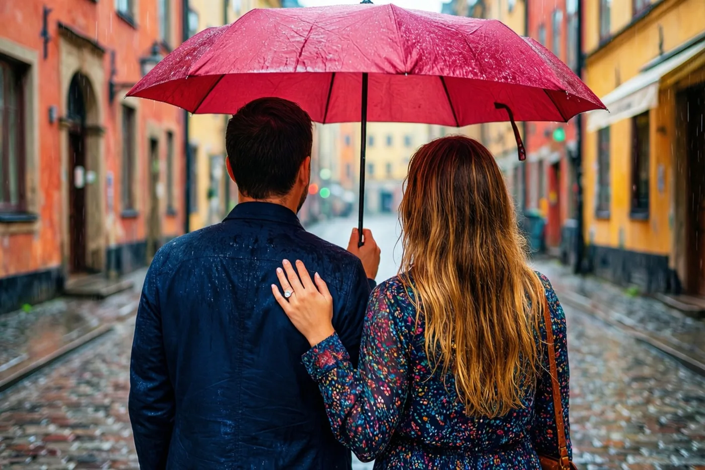 Een koppel wandelt van de camera weg onder een rode paraplu door een smalle, regenachtige kasseistraat met kleurrijke gebouwen, terwijl de hand van de vrouw met een ring het handvat vasthoudt.