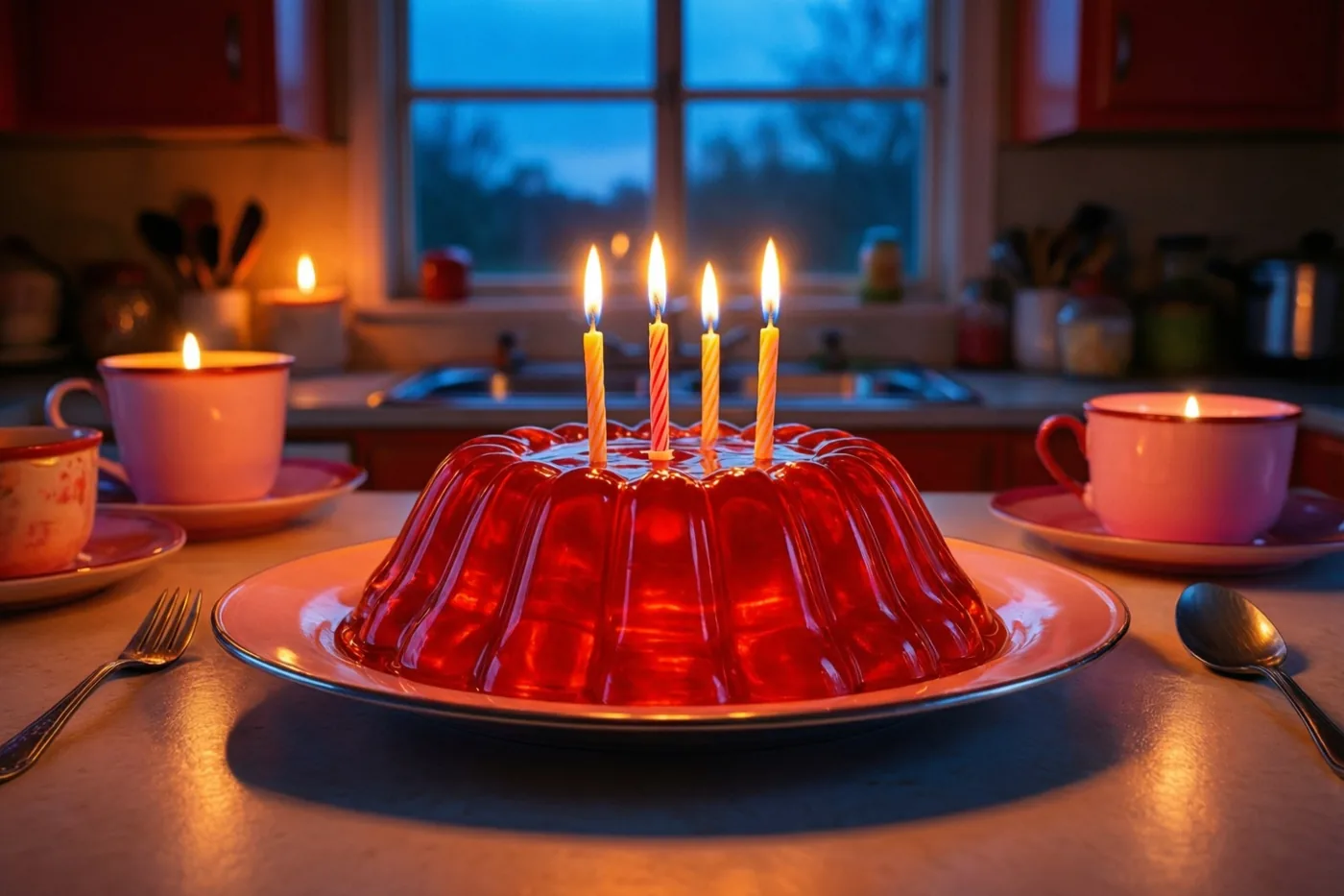 Een rode geleipudding met vier brandende kaarsjes staat op een bord op een retrokeukentafel, in warm kaarslicht met een schemerblauw raam op de achtergrond.
