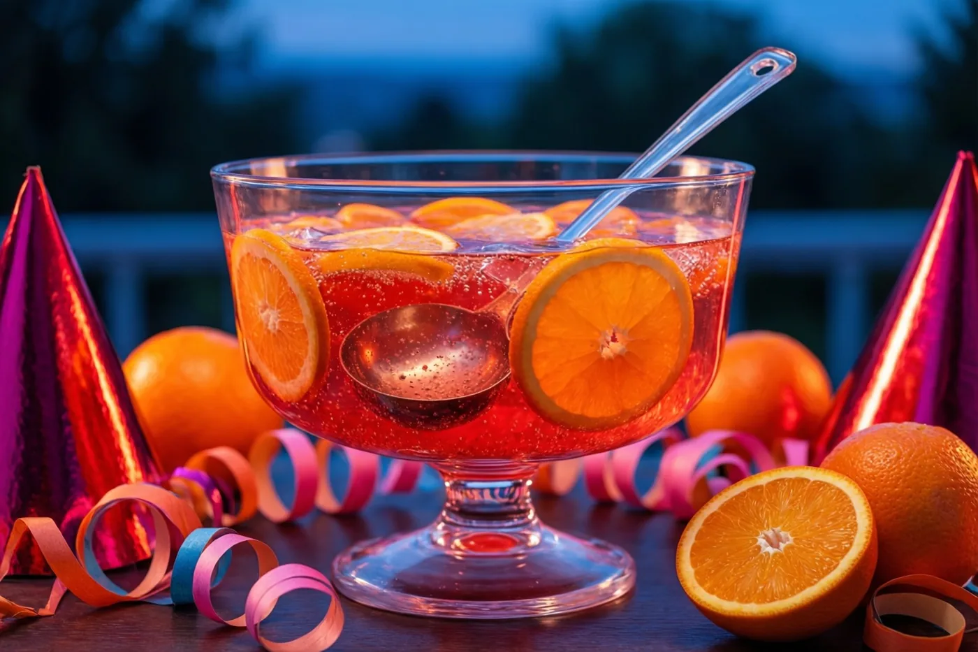 Een grote glazen punchkom met een rode bruisende drank en sinaasappelschijfjes staat buiten in de schemering tussen feesthoedjes en kleurrijke slingers.