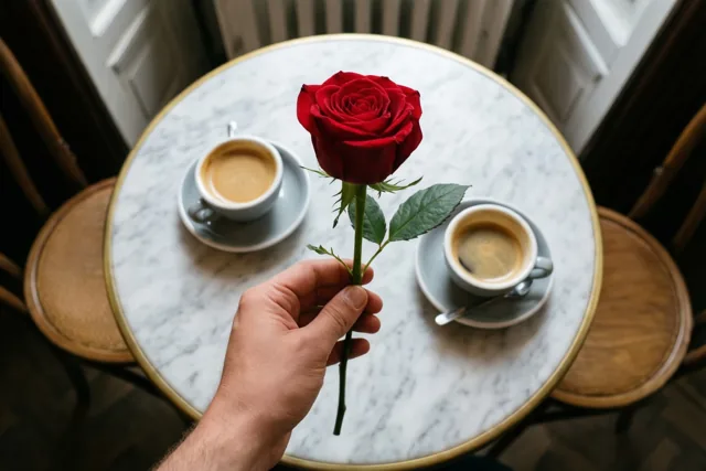 Een hand houdt een rode roos boven een klein rond marmeren cafétafeltje met twee espressokopjes op schoteltjes in warm licht.
