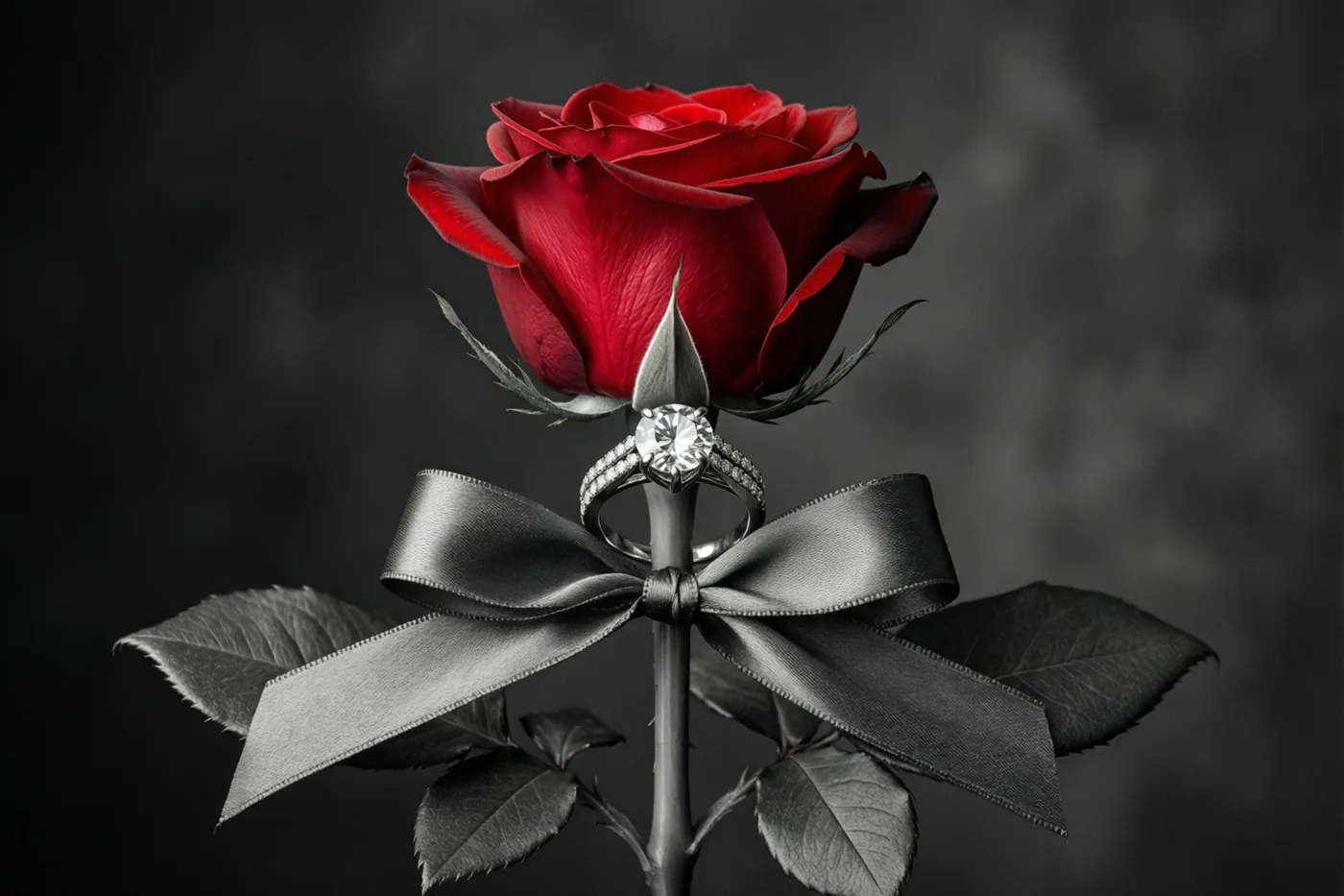 Een ring met één diamant is met een zwart satijnen lint vastgemaakt aan de steel van een rode roos tegen een donkergrijze achtergrond.