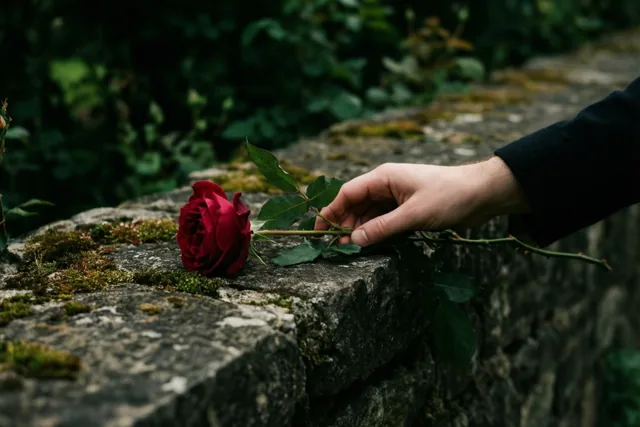 Een hand legt een rode roos op een bemoste stenen muur in een natuurlijke omgeving met weinig licht, in dieprode, groene en grijze tinten.
