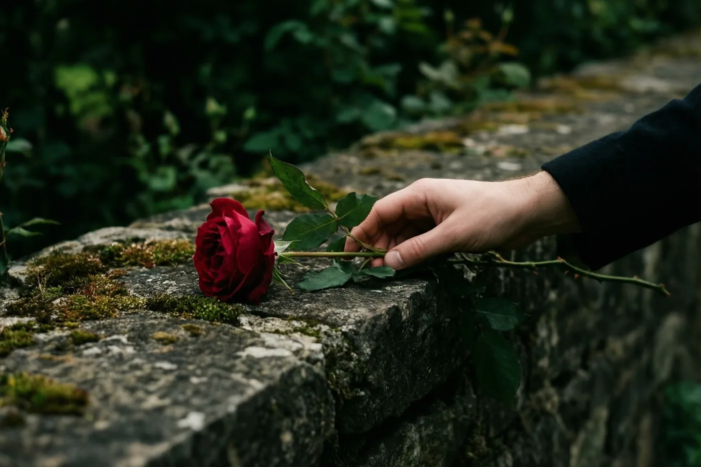 Een hand legt een rode roos op een bemoste stenen muur in een natuurlijke omgeving met weinig licht, in dieprode, groene en grijze tinten.