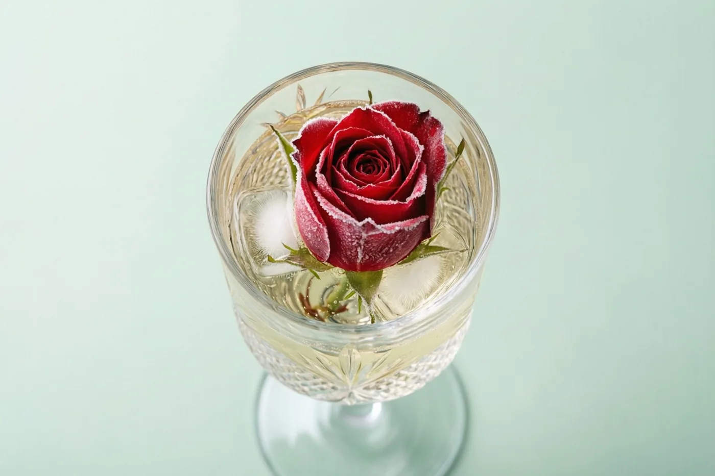 Een rode roos met rijp op de bloemblaadjes drijft met ijsblokjes in heldere vloeistof in een kristallen champagneglas tegen een effen lichtgroene achtergrond.