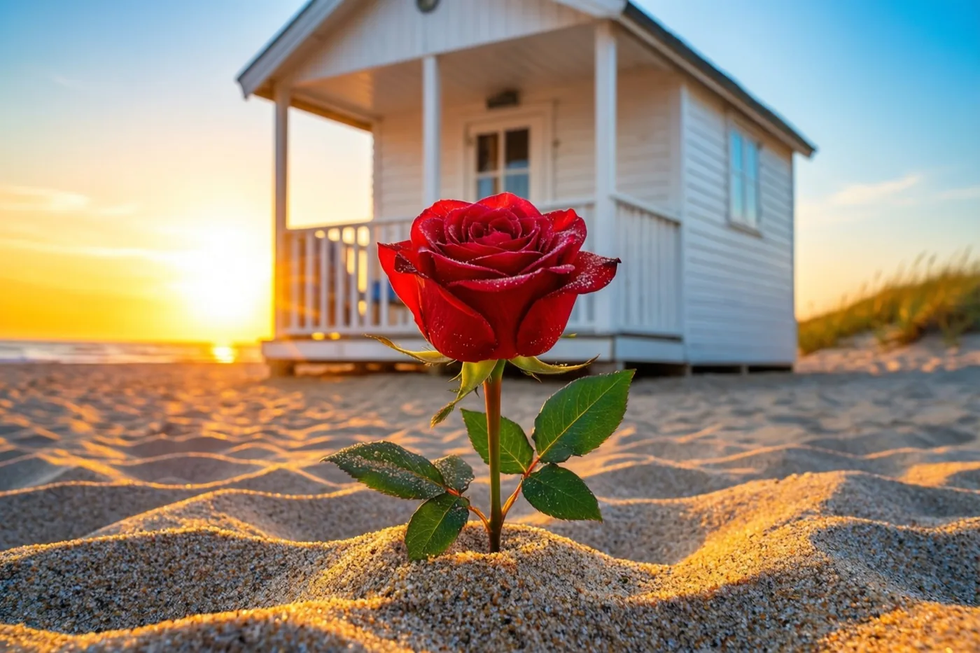 Een rode roos groeit uit het zand voor een wit strandhuisje bij zonsondergang, in warm goudkleurig licht onder een helderblauwe hemel.