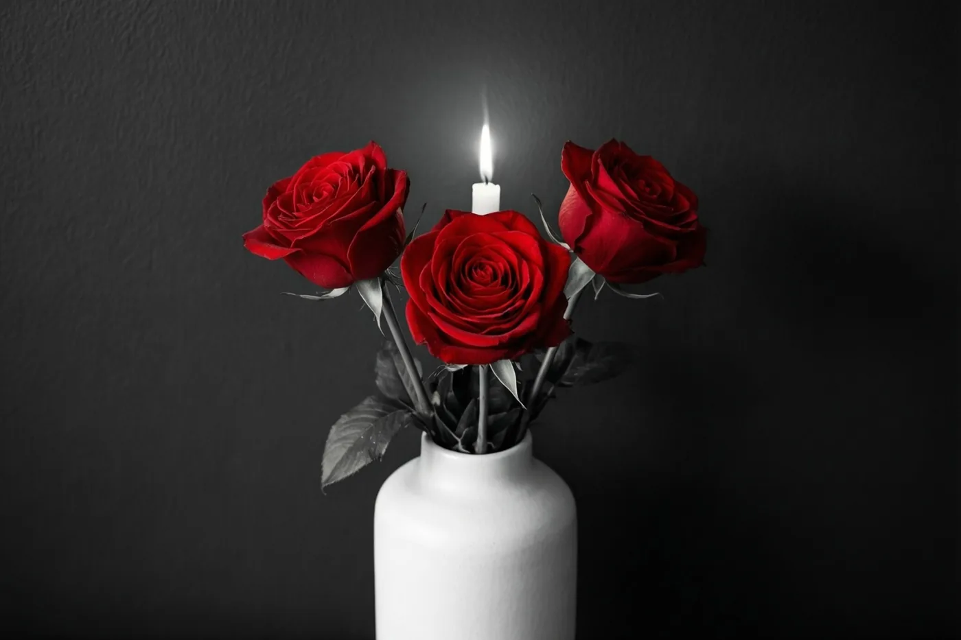 Drie rode rozen staan in een sobere witte keramieken vaas tegen een antracietkleurige muur bij één brandende kaars.