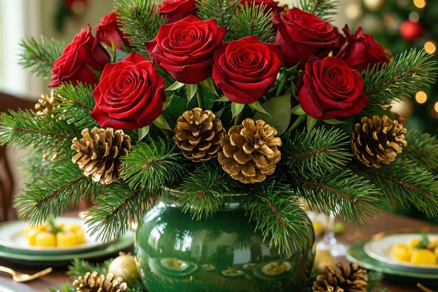 Een grote groene vaas met rode rozen, dennentakken en vergulde dennenappels staat op een kersttafel met borden eten en gouden versieringen.