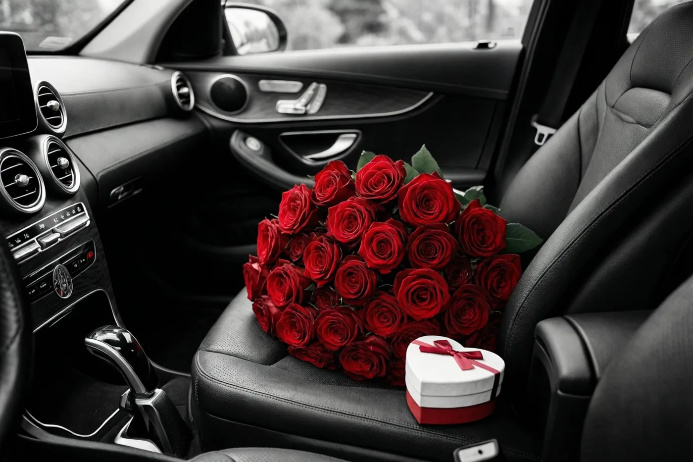 Een boeket rode rozen en een rood hartvormig geschenkdoosje liggen op de passagiersstoel van een auto, met de rest van het beeld in zwart-wit.