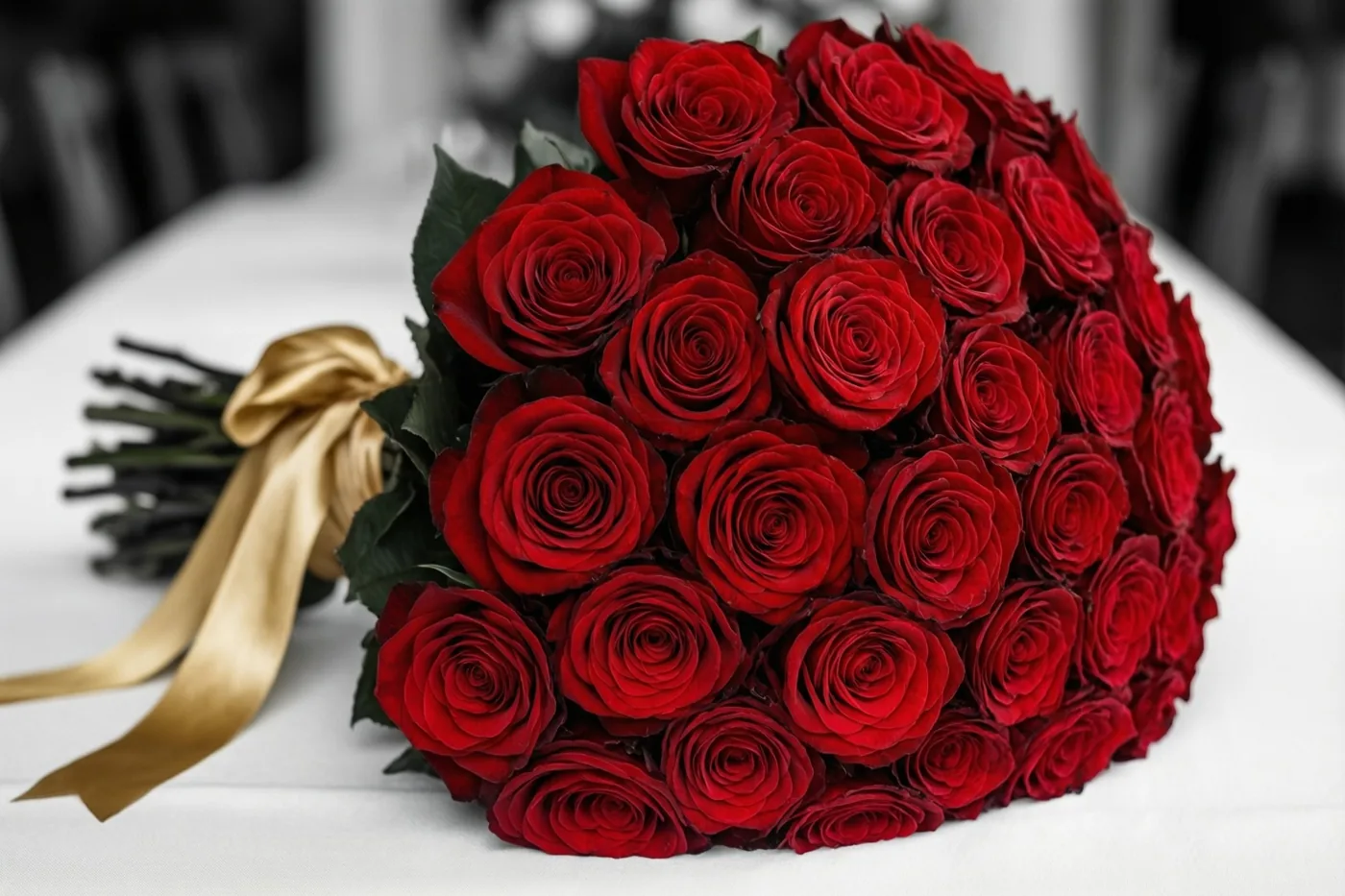 Een groot dicht boeket rode rozen met een gouden satijnen lint ligt op een wit tafelkleed tegen een onscherpe zwart-witte achtergrond.