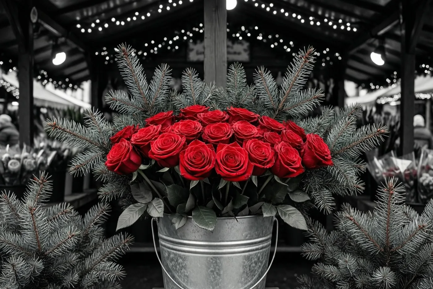 Rode rozen en een metalen emmer vallen in kleur op tegen een zwart-witte kerstmarktkraam met dennentakjes en lichtslingers.