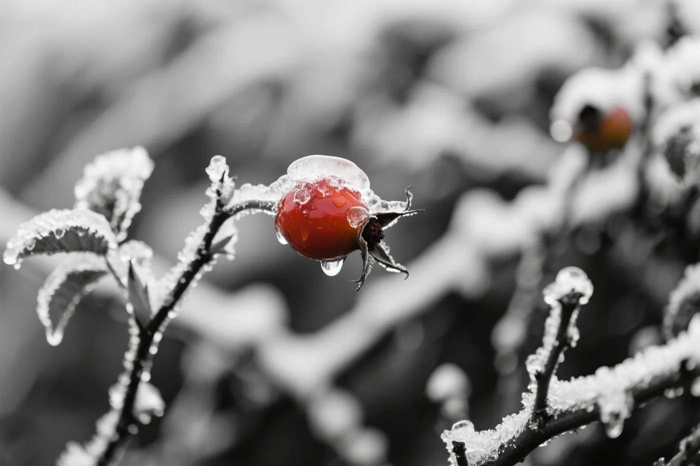 Een felrode, met ijs bedekte rozenbottel hangt aan een berijpte tak in een verder zwart-wit weergegeven winterhaag.