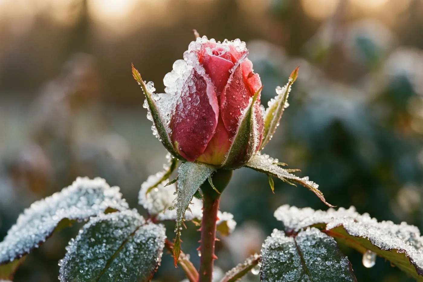Een rode rozenknop onder helder ijs wordt omringd door berijpte groene bladeren aan een rozenstruik, met warm tegenlicht in een wazige wintertuin.